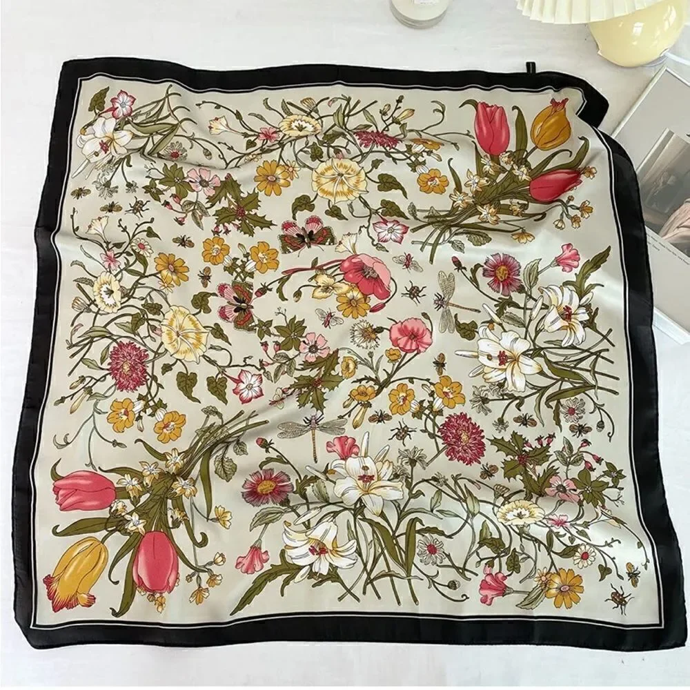 Beige Floral Silky Scarf